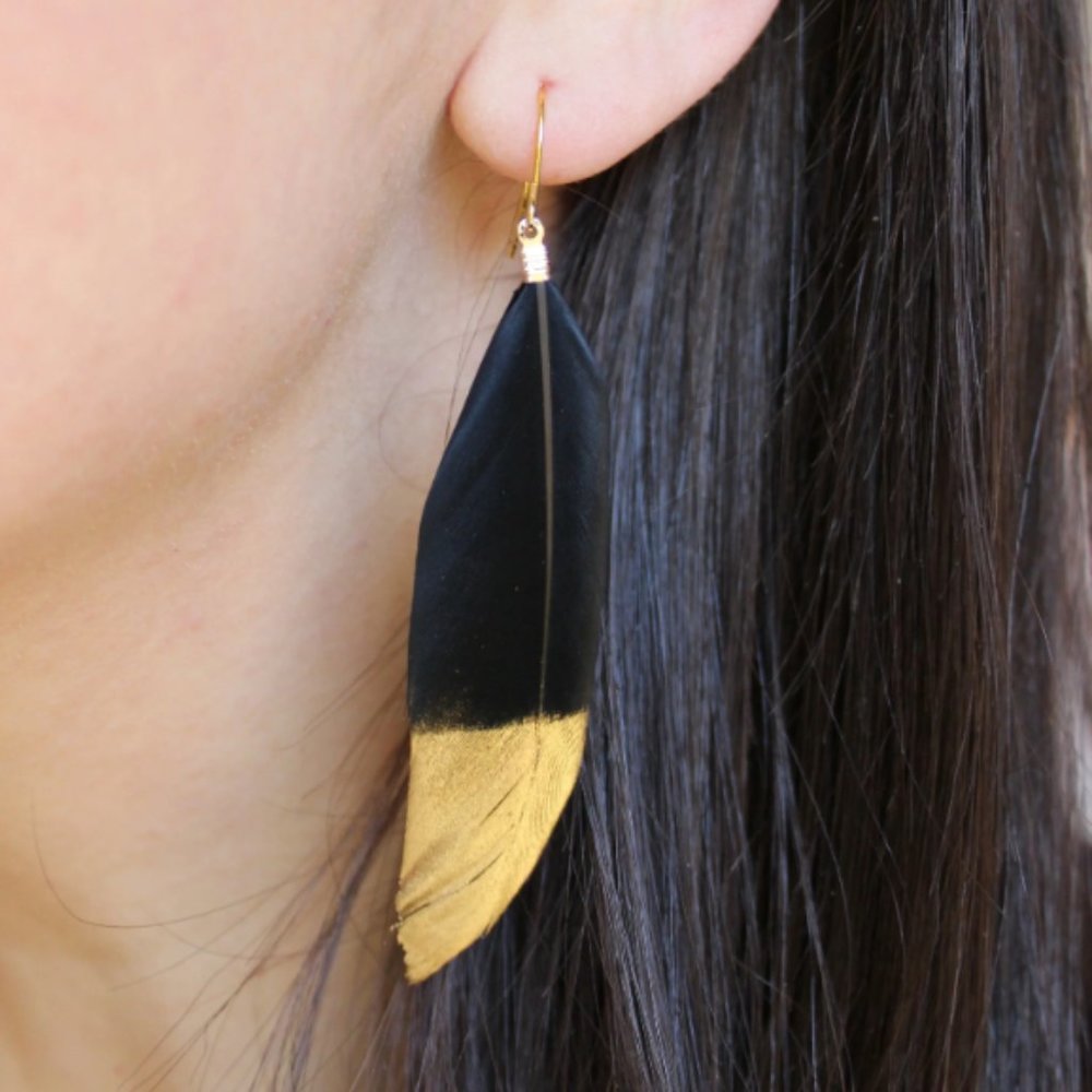 Dripping Gold Black Feather Earrings